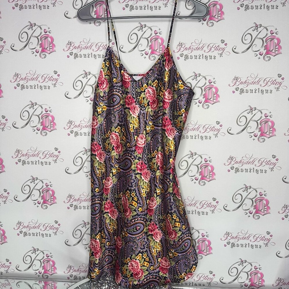 Sentiments dress paisley roses floral purple pink orange green boho nighty rare